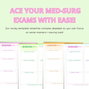 May include: A printable study guide template for medical-surgical nursing exams. The template has sections for disease name, signs and symptoms, medical treatment, complications, and patient education. The template is designed to help students organize their notes and study for exams.
