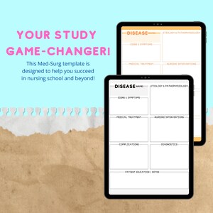 May include: A digital study guide template for nursing students. The template is designed to help students learn about diseases by organizing information into categories such as signs and symptoms, medical treatment, nursing interventions, complications, diagnostics, and patient education.