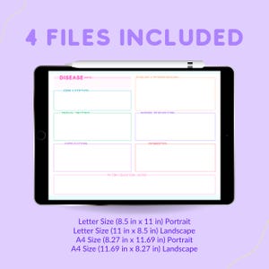 May include: A digital tablet displaying a printable medical study guide template. The template is divided into sections for disease name, signs and symptoms, medical treatment, nursing interventions, complications, diagnostics, and patient education/notes. The template is designed for use with a tablet or laptop.