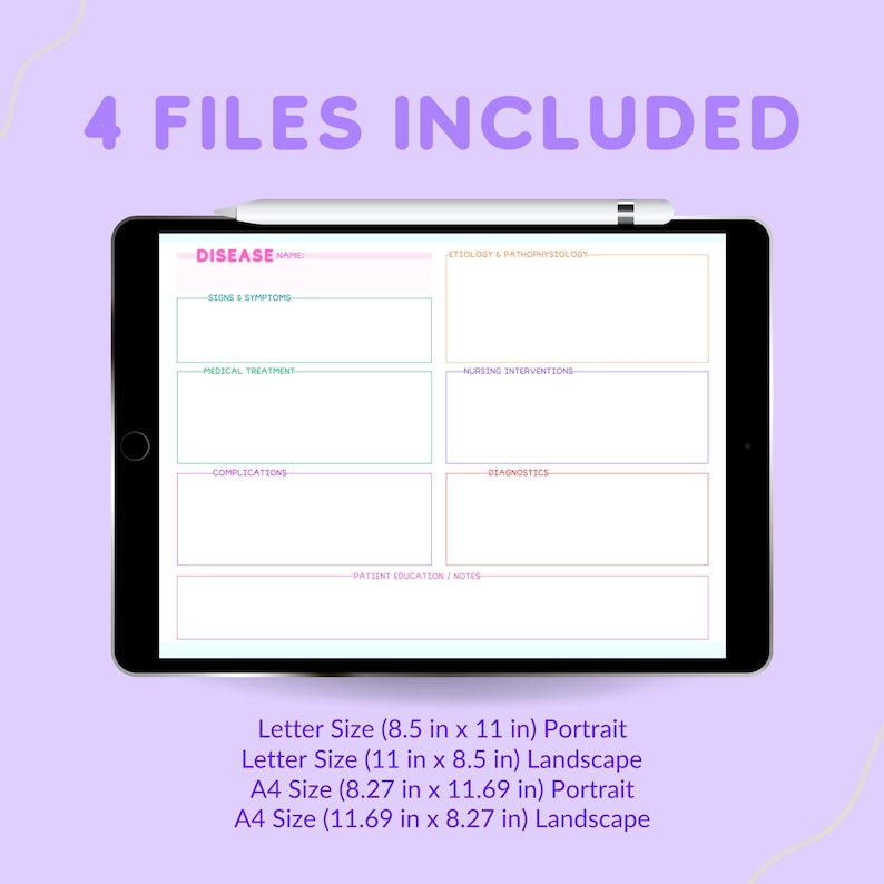 May include: A digital tablet displaying a printable medical study guide template. The template is divided into sections for disease name, signs and symptoms, medical treatment, nursing interventions, complications, diagnostics, and patient education/notes. The template is designed for use with a tablet or laptop.