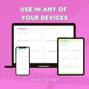 May include: A digital template for organizing medical information about diseases. The template is shown on a laptop, tablet, and smartphone. The template includes sections for disease name, etiology and pathophysiology, signs and symptoms, medical treatment, nursing interventions, diagnostics, complications, patient education, and notes.
