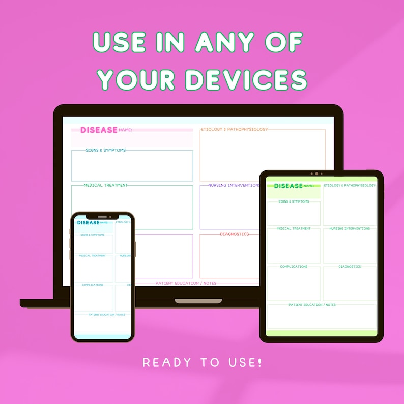 May include: A digital template for organizing medical information about diseases. The template is shown on a laptop, tablet, and smartphone. The template includes sections for disease name, etiology and pathophysiology, signs and symptoms, medical treatment, nursing interventions, diagnostics, complications, patient education, and notes.