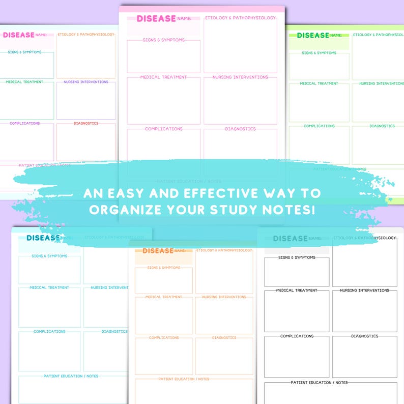 May include: A printable study guide template with the title "Disease" and sections for "Etiology & Pathophysiology", "Signs & Symptoms", "Medical Treatment", "Nursing Interventions", "Complications", "Diagnostics", and "Patient Education/Notes".