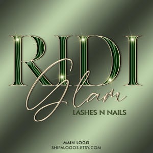 Puede incluir: Un logotipo dorado y verde con el texto "Ridi Glam Lashes N Nails" sobre un fondo rayado verde y dorado.