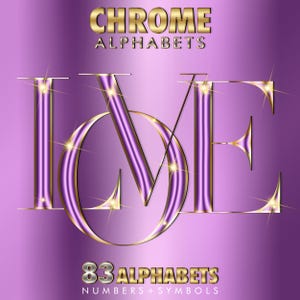 Puede incluir: Gráfico digital con la palabra "LOVE" en fuente cromada sobre un fondo púrpura. La imagen también incluye el texto "CHROME ALPHABETS" y "83 ALPHABETS NUMBERS + SYMBOLS" en dorado.
