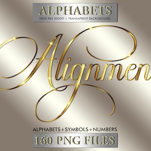 Pode incluir: Texto dourado em escrita cursiva "Alignment", com "Alphabet's" acima e "Alphabets + Symbols + Numbers" e "160 PNG Files" abaixo. O fundo é um gradiente bege claro e escuro.