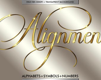 Digital Gold Chrome Cursive Alphabets PNG, Shiny Script Metallic Letters Numbers & Symbols, Modern Gold Letters Fonts, Digital Download #141