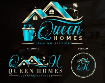 Premade Blue Gold Cleaning service logo design, maid logo, broom bucket logo, vacuum cleaning, house cleaning logo, Office cleaning logo,