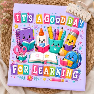 May include: A light purple rectangular sign featuring the text IT'S A GOOD DAY FOR LEARNING in colorful block letters. The design includes cartoon school supplies with faces, such as a purple notebook, glue bottle, pencil cup, yellow pencil, and blue backpack.