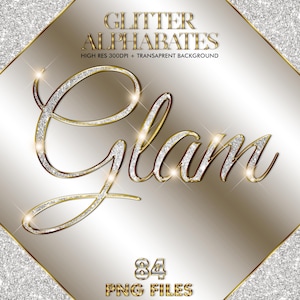 Puede incluir: Un diseño digital con la palabra "Glam" en una fuente brillante con contorno dorado y relleno de purpurina. La imagen incluye el texto "Glitter Alphabates" y "84 archivos PNG" sobre un fondo degradado con acentos de purpurina.