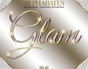Digital Silver Gold Glitter Cursive Alphabets PNG, Chrome Gold Letters Clipart, Metallic A to Z Letters Numbers, Shiny Monogram Design, #101