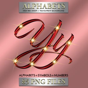 May include: A digital graphic showing the letters "Yy" in a glossy red script with golden highlights and starburst effects. The image includes the text "ALPHABETS" and "ALPHABETS+SYMBOLS+NUMBERS" on silver bars, along with "85 PNG FILES". The background is a soft pink.