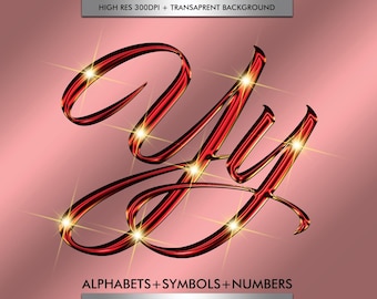 Modern Red Gold Script Alphabets Clipart, Transparent Red Fonts Letters PNG, DIY Logo Branding, Red Shiny Alphabets, Digital Download # 168