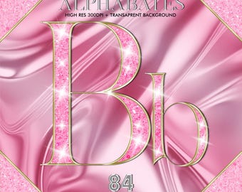 Digital Pink Glitter Alphabets PNG, Transparent Chrome Pink Gold Letters Clipart, Metallic A to Z Letters Numbers, Shiny Alphabets Set #122