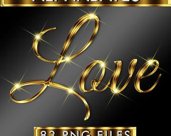 Digital Gold Chrome Cursive Alphabets PNG, Shiny Metallic Letters Numbers Symbols Clipart for Logos, Invitations, Social Media, Monograms,