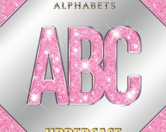 Modern Pink Glitter Alphabets PNG, Transparent Metallic Chrome Pink Gold Letters Fonts Set Clipart, DIY logo Branding, Digital Download #133