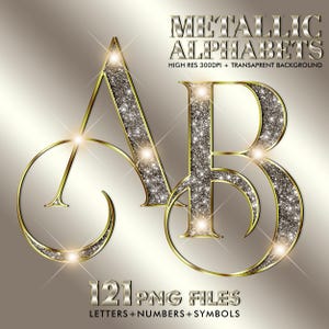 May include: Image of the letters "A" and "B" from a metallic alphabet, filled with silver glitter and outlined in gold. The image includes the text "METALLIC ALPHABETS" and "121 PNG FILES". The background is a light brown and gold gradient.