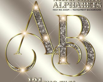 Silver Gold Glitter Alphabets PNG, Chrome Gold Letters Clipart, Metallic A to Z Letter Numbers, Modern Monogram Design, Digital Download 126