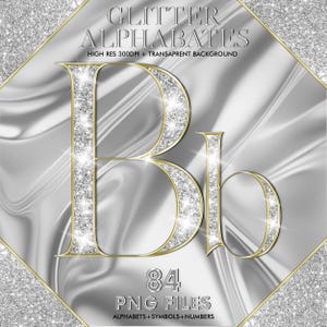 Puede incluir: Gráfico digital con las letras mayúsculas y minúsculas "B" en un diseño brillante con borde dorado. La imagen incluye el texto "GLITTER ALPHABATES" y "84 PNG FILES" sobre un fondo plateado veteado.