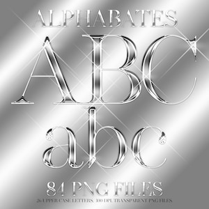 May include: Silver-toned alphabet set with uppercase and lowercase letters, including the letters A, B, and C. The image also includes the text "ALPHABATES", "84 PNG FILES", and "26 UPPER CASE LETTERS. 300 DPL TRANSPARENT PNG FILES."