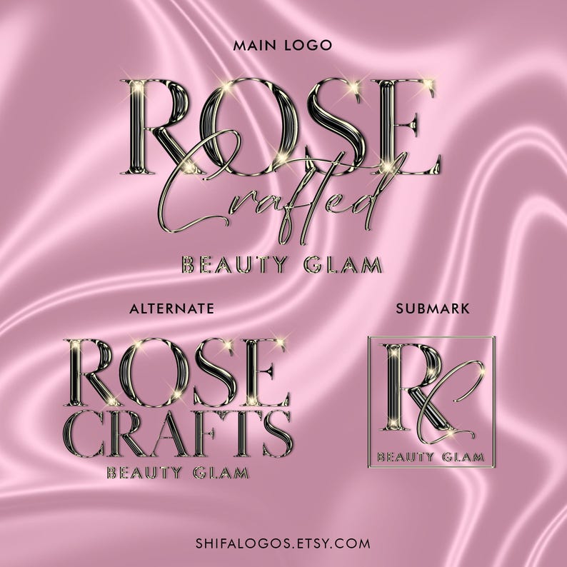 Pode incluir: Um design de logotipo para um neg&oacute;cio de beleza chamado "Rose Crafted Beauty Glam". O logotipo apresenta as palavras "Rose Crafted" em uma fonte prateada e dourada com um efeito brilhante. As palavras "Beauty Glam" est&atilde;o escritas em uma fonte menor abaixo do texto principal.
