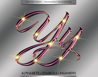 Luxe Pink Gold Cursive Alphabets Clipart, Transparent Pink Fonts Letters PNG, DIY Logo Branding,  Shiny Alphabets, Digital Download, #166