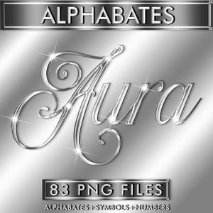 May include: A digital graphic design featuring the word "Aura" in a stylized, silver script font with sparkling highlights. The image includes the text "ALPHABATES" and "83 PNG FILES" in silver, set against a gradient gray background.