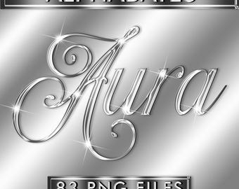 Luxury Silver Chrome Letters Clipart, Metallic Silver Cursive Alphabets PNG, Modern Silver Font, Monogram Logo Making, Digital Download #117