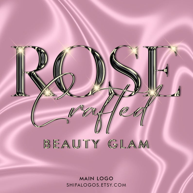 Pode incluir: Um design de logotipo para um neg&oacute;cio de beleza chamado "Rose Crafted Beauty Glam". O logotipo apresenta a palavra "Rose" em uma fonte met&aacute;lica em negrito com um contorno dourado. A palavra "Crafted" &eacute; escrita em uma fonte de escrita cursiva abaixo da palavra "Rose".