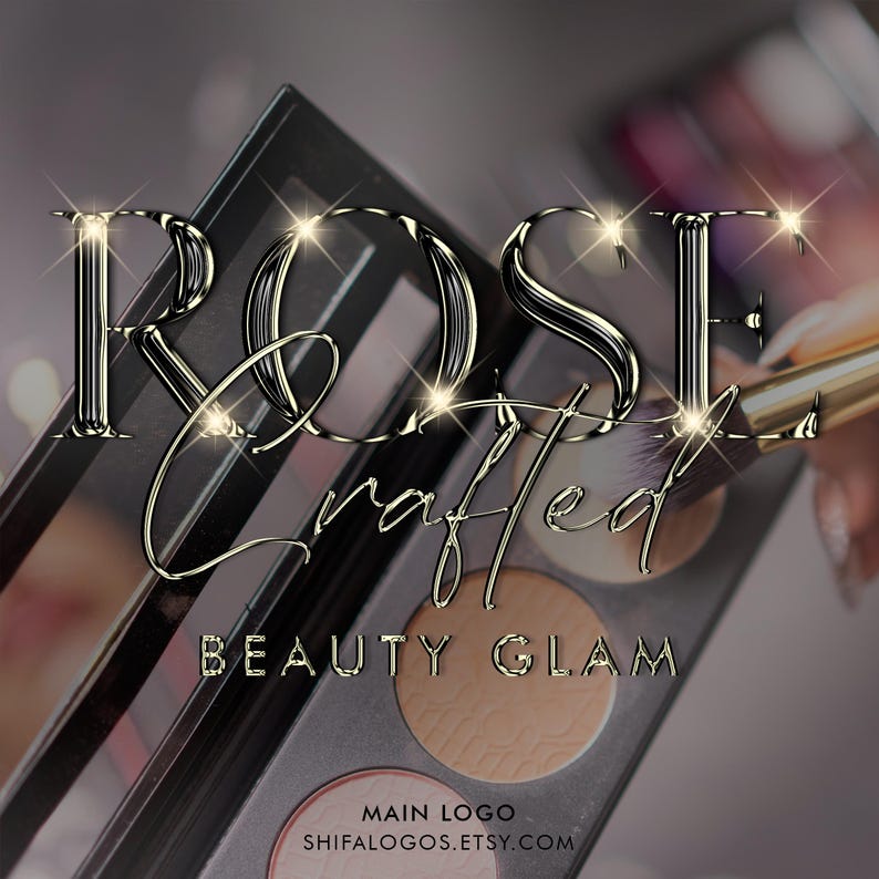 Pode incluir: Um logotipo dourado e prateado com o texto "ROSE Crafted BEAUTY GLAM" e as palavras "MAIN LOGO" e "SHIFALOGOS.ETSY.COM" abaixo. O logotipo est&aacute; sobre um fundo de uma paleta de maquiagem.