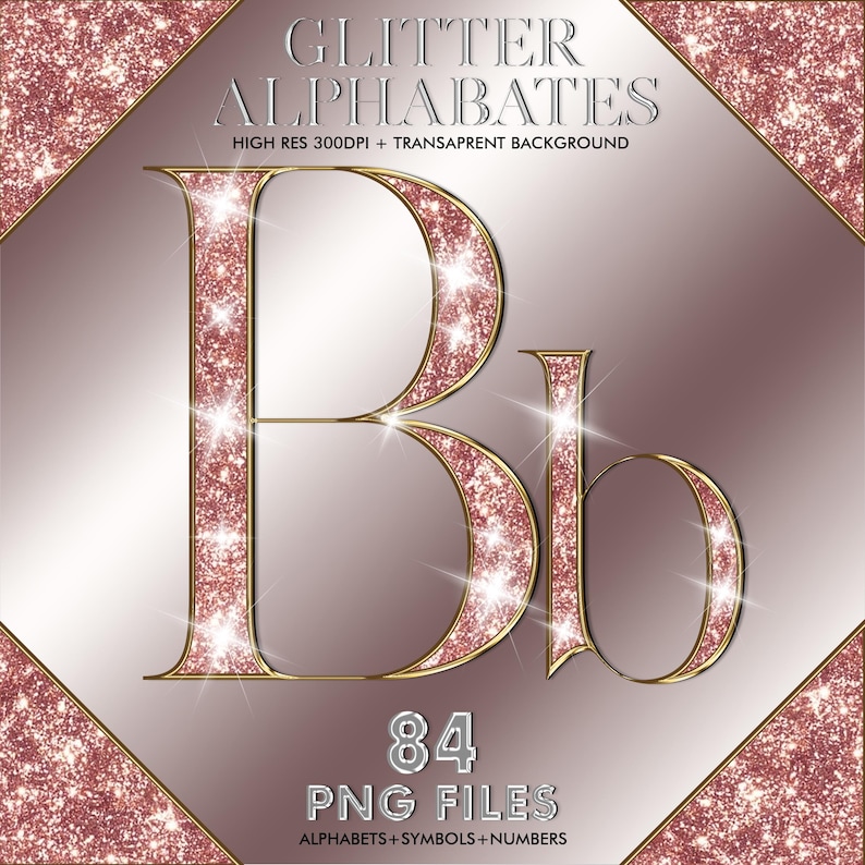 Rose Gold Glitter Alphabet Clipart: Metallic Pink Letters, Numbers ...