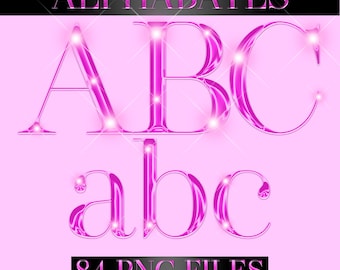 Può includere: Lettere A, B e C rosa lucido, maiuscole e minuscole, con riflessi scintillanti, su sfondo rosa chiaro. La parola "ALPHABATES" è in alto e "84 PNG FILES" in basso.