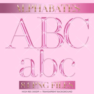 Puede incluir: Alfabeto digital rosa y dorado con letras brillantes y brillantes. La imagen presenta las letras ABC en tamaño grande, con abc en minúsculas debajo. La palabra "ALPHABATES" está en la parte superior y "81 PNG FILES" en la parte inferior.