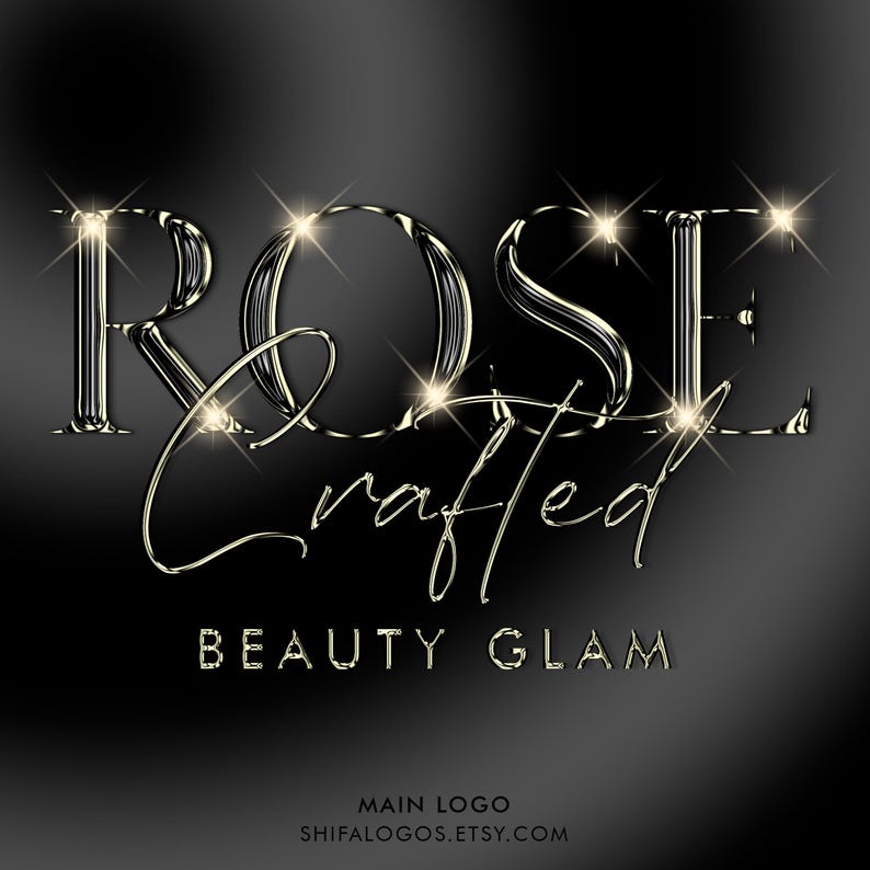 Pode incluir: Um logotipo para um neg&oacute;cio de beleza chamado "Rose Crafted Beauty Glam". O logotipo apresenta a palavra "Rose" em uma fonte de ouro met&aacute;lico com um efeito 3D e as palavras "Crafted Beauty Glam" em uma fonte manuscrita.