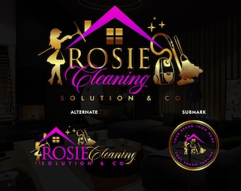 Premade Pink Pretty Cleaning service logo design, maid logo, broom bucket logo, vacuum cleaning, house cleaning logo, Office cleaning logo,