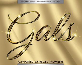 Gold Yellow Cursive Alphabets PNG, Shiny Script Metallic Letters Numbers & Symbols, DIY Logo, Gold Chrome Letters Font, Digital Download 150