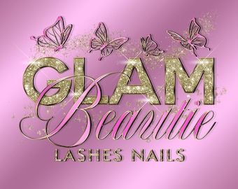Diseño de logotipo de mariposa con purpurina dorada rosa de lujo, logotipo digital moderno, logotipo de belleza, logotipo de estética, logotipo de pestañas, marca de spa para cabello, uñas y cejas.
