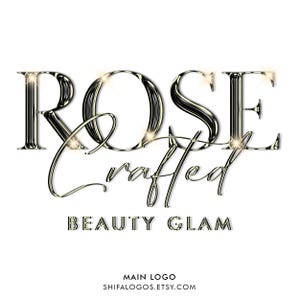 Pode incluir: Um logotipo prateado e dourado com o texto "ROSE crafted BEAUTY GLAM" e as palavras "MAIN LOGO" e "SHIFALOGOS.ETSY.COM" abaixo.
