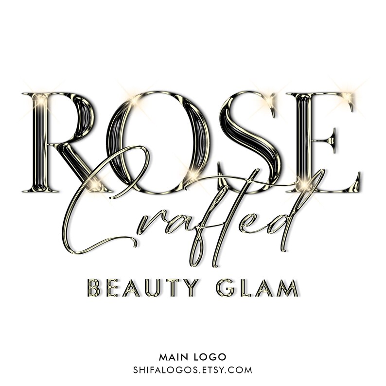 Pode incluir: Um logotipo prateado e dourado com o texto "ROSE crafted BEAUTY GLAM" e as palavras "MAIN LOGO" e "SHIFALOGOS.ETSY.COM" abaixo.