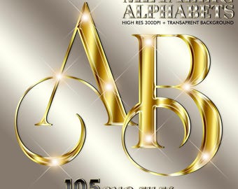 May include: Gold metallic letters "A" and "B" with a shiny effect, set against a gradient background. The image includes the text "METALLIC ALPHABETS", "HIGH RES 300DPI + TRANSAPRENT BACKGROUND", and "105 PNG FILES LETTERS+NUMBERS+SYMBOLS".