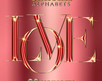 Modern Red Gold Chrome Alphabets Clipart, Transparent Gold Fonts Letters PNG , DIY Flyer Logo Branding, Card making, Digital Download, #171