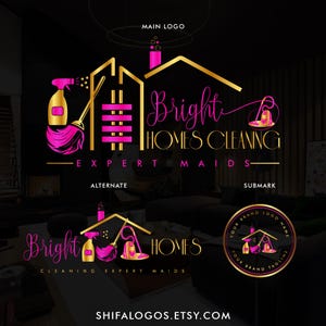 Vorgefertigtes Pink Hübsches Putzservice-Logo-Design, Dienstmädchen-Logo, Beseneimer-Logo, Staubsaugen, Hausputz-Logo, Büroreinigungs-Logo,