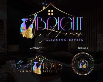 Premade Pink Blue Cleaning service logo design, maid logo, broom bucket logo, vacuum cleaning, house cleaning logo, Office cleaning logo,