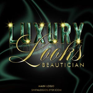 May include: A logo design for "Luxury Looks Beautician" in gold and teal. The words "Luxury Looks" are in a teal, textured font with gold accents. The word "Beautician" is in gold. The background is dark green.