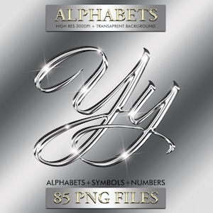 May include: A shiny, silver letter "Y" in a cursive font, with highlights and a metallic sheen. The image includes text that reads "ALPHABETS" and "ALPHABETS+SYMBOLS+NUMBERS" in gold lettering, along with "85 PNG FILES".