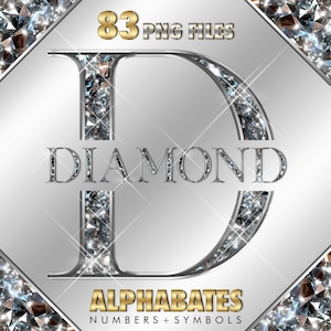 May include: A digital graphic showing a large, sparkling letter "D" filled with diamond textures. The word "DIAMOND" is centered below the letter. The image includes the text "83 PNG FILES" and "ALPHABATES NUMBERS + SYMBOLS".
