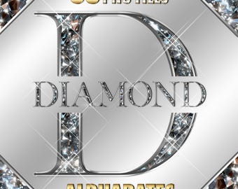 Digital Diamond Alphabets Clipart, Metallic Silver Diamond Letters PNG, Shiny Silver A to Z letters & Numbers, Shiny Sparkle Alphabets, #108