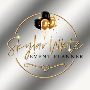 Può includere: Un logo circolare con sfondo argento metallizzato e bordo dorato. In alto, un gruppo di palloncini neri e dorati con coriandoli dorati. Il testo Skylar White è scritto in corsivo dorato, con EVENT PLANNER in nero sottostante.