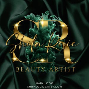 May include: Gold "SR" logo with a green ink splatter design. The text "Shifa Rosie Beauty Artist" is written in cursive below the logo. The background is a dark green satin fabric.