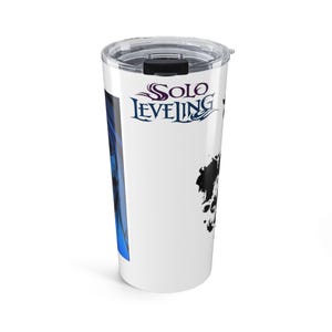 May include: A white cylindrical tumbler with a clear plastic lid featuring the Solo Leveling logo in blue and purple text at the top. The side of the tumbler displays a vertical blue graphic panel and a black ink-style silhouette illustration.